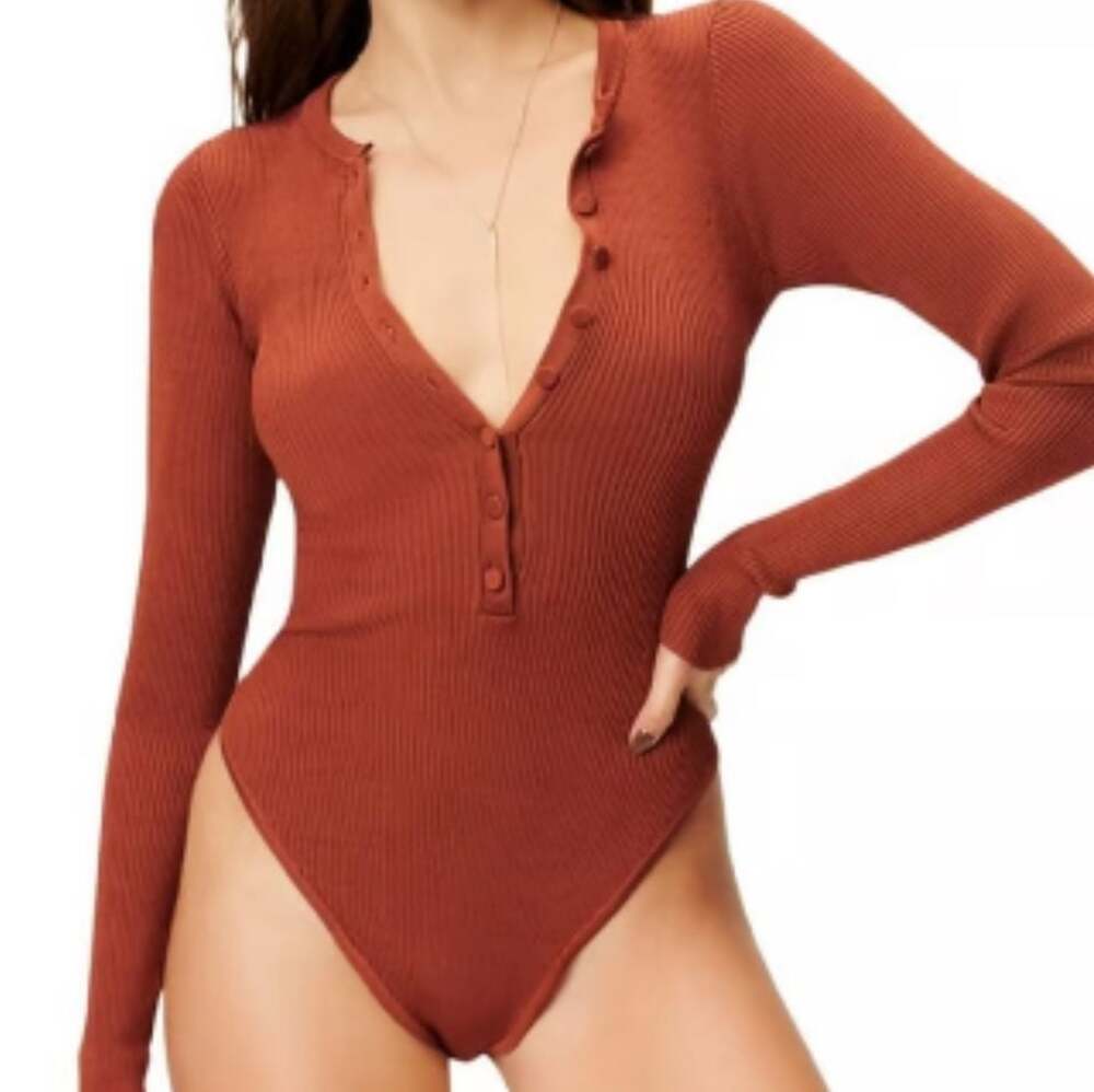 Good American Women’s Preppy Ribbed Maroon Button-Front Bodysuit Size 3